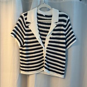 Old Navy Black & White Striped Short-Sleeve Knit Polo